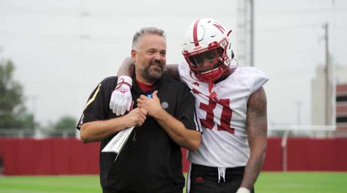 Matt Rhule and defensive back Tommi Hill 2023 Nebraska football fall camp